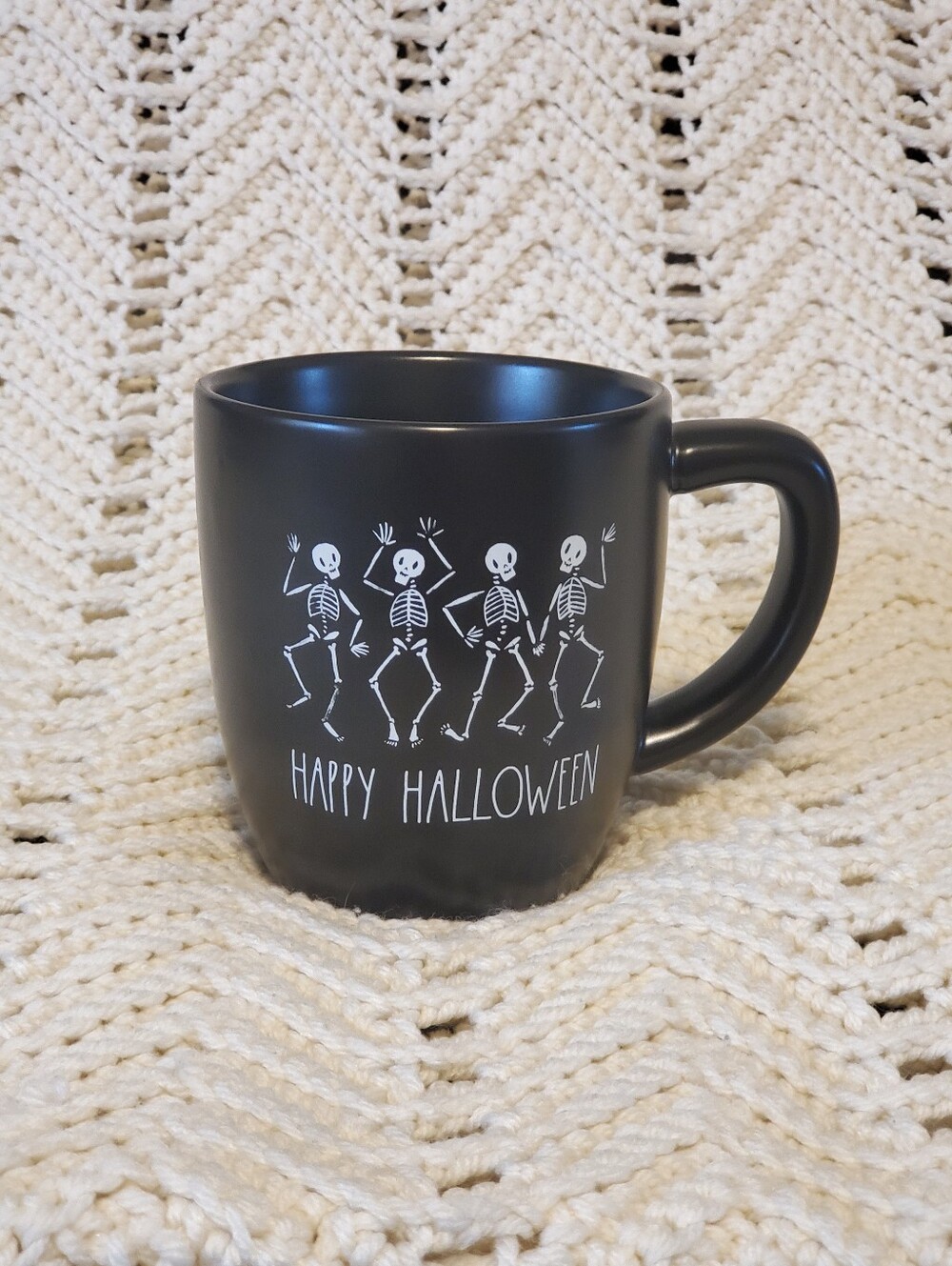 Rae Dunn HAPPY HALLOWEEN Skeletons Coffee Mug 12 Oz.